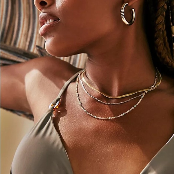 New Free People Everything I Wanted Layered Necklace Gold Blue Stones Turquoise - Picture 4 of 11